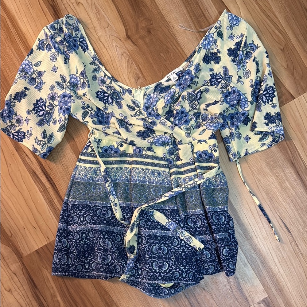 Francesca's Collections Blue and Yellow Jumpsuit with Floral Design